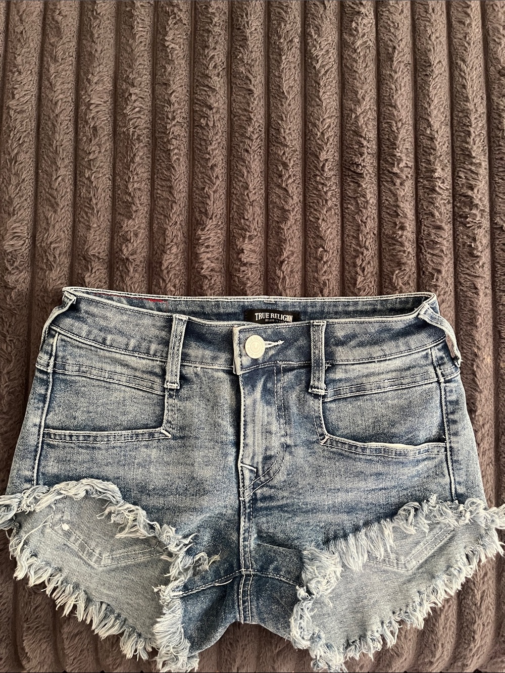 True Religion Light Blue Distressed Denim Shorts
